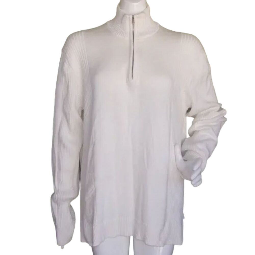 CALVIN KLEIN Sweater, XL, White, Pull Over, Quarter Zip, Long sleeves, Cotton